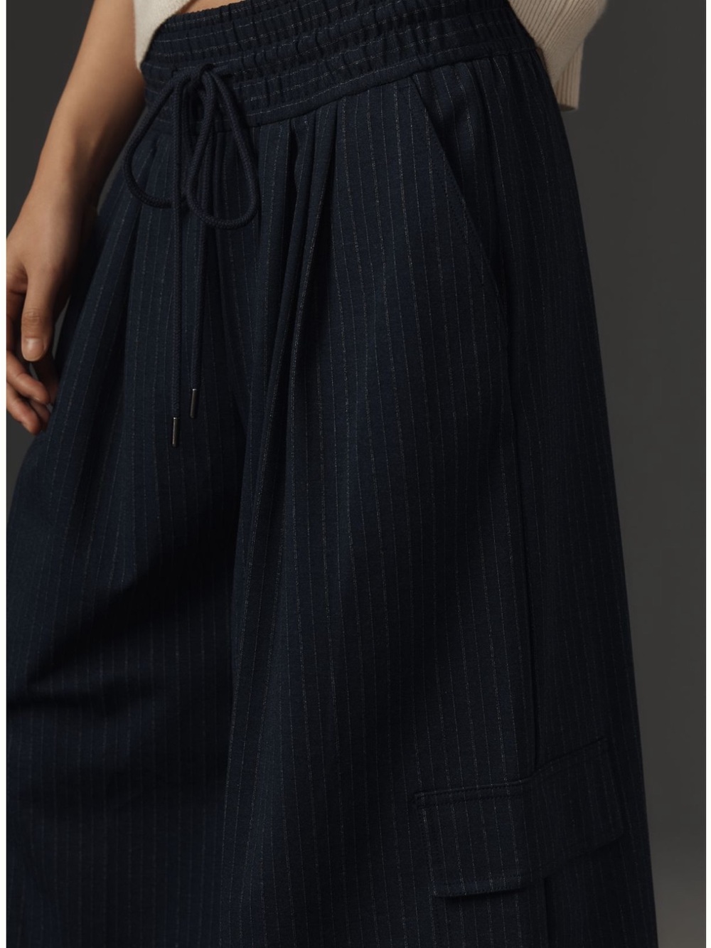 Maeve Wide-Leg Pinstripe Drawstring Pants in Navy - Picture 4 of 13